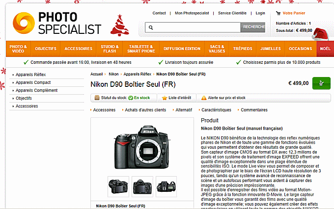 Commande sur le site de vente en ligne Photospecialist