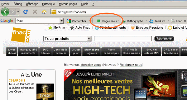 Affichage de la popularit� d'un site par la barre d'outils Google.