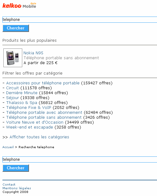 la version pour terminal mobile du comparateur de prix Kelkoo